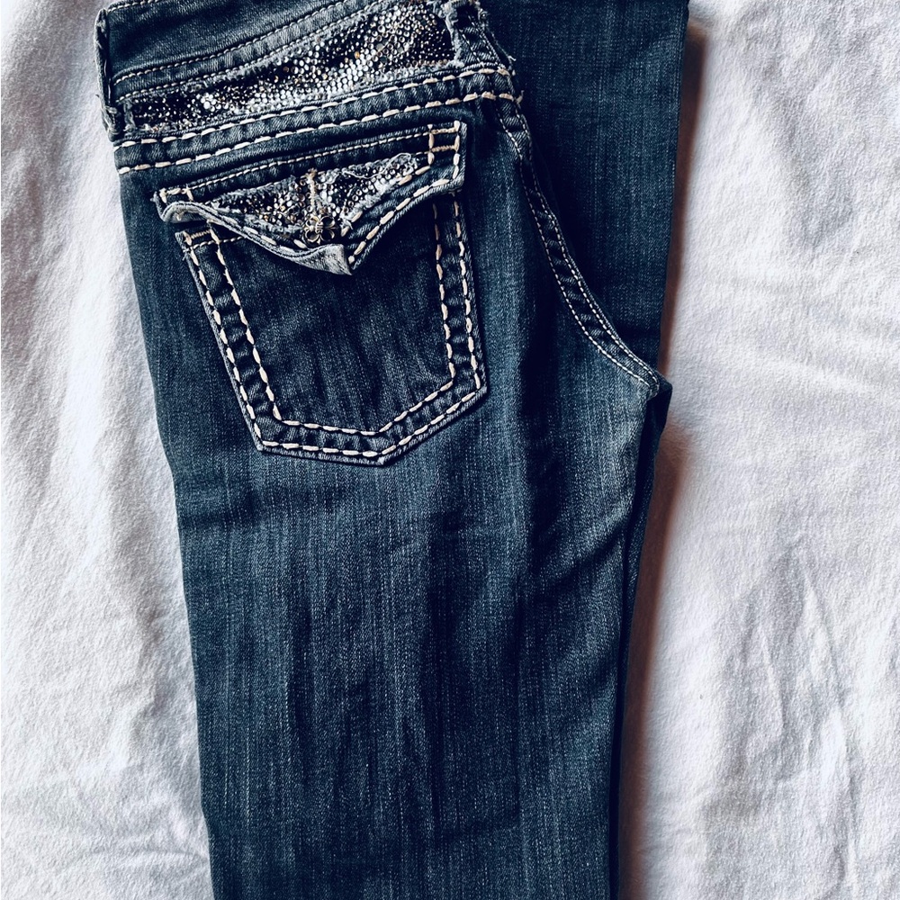Miss Me Indigo Bootcut Jeans with Embellished Pocket sz 28